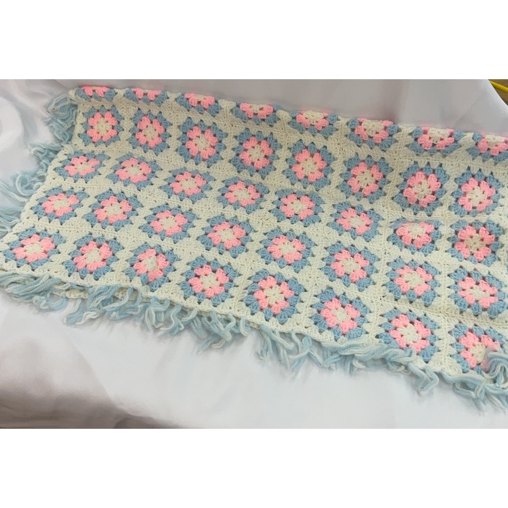 Crocheted Granny Square Baby Blanket Pastel White Blue & Pink Nursery Gift